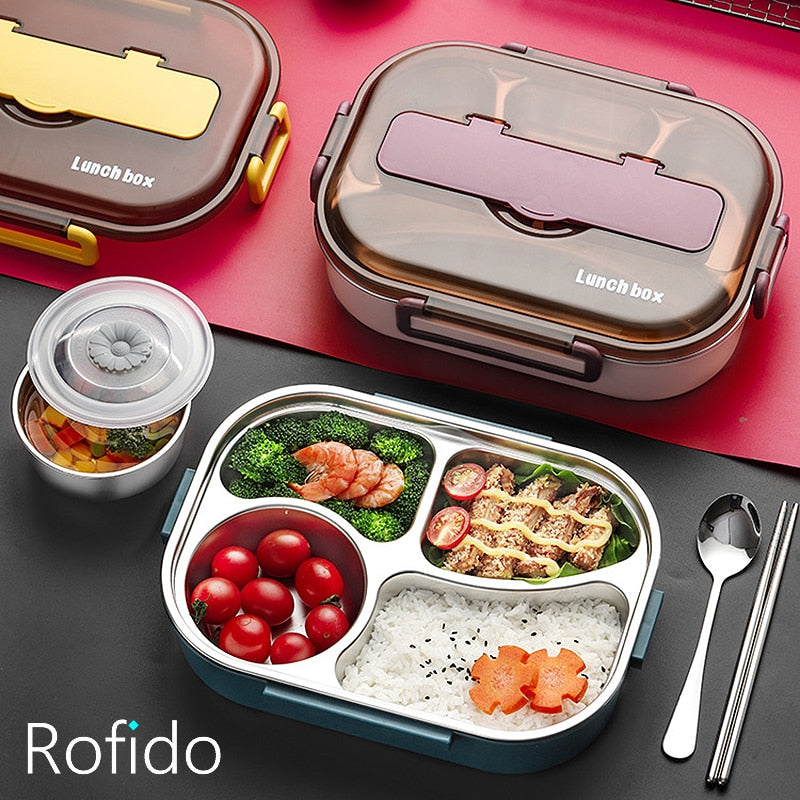 Stainless Steel Lunch Box 4grid Portable Bento Box Food Storage Container  For Student Adult4grid Lunch Box With Soup Bowl: Blue