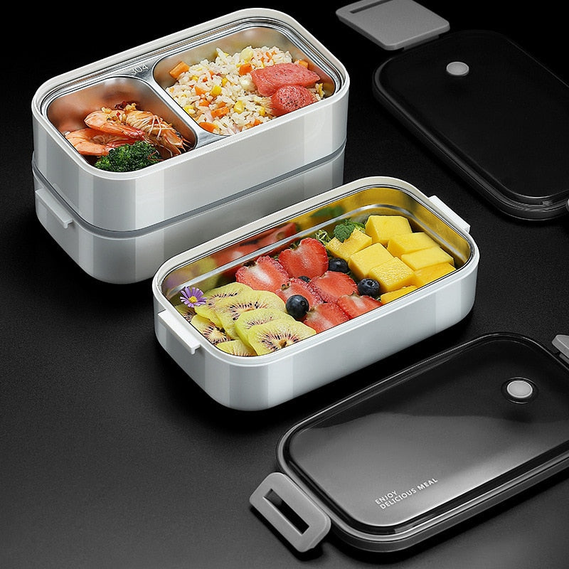 304 Stainless Steel Lunch Box 2 Layers Divided Microwavable Bento Box for  Students Office Worker Portable Sealed Food Containers